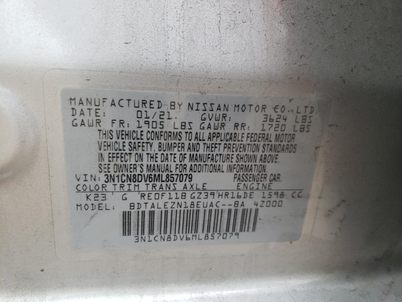 3N1CN8DV6ML857079 2021 Nissan Versa S