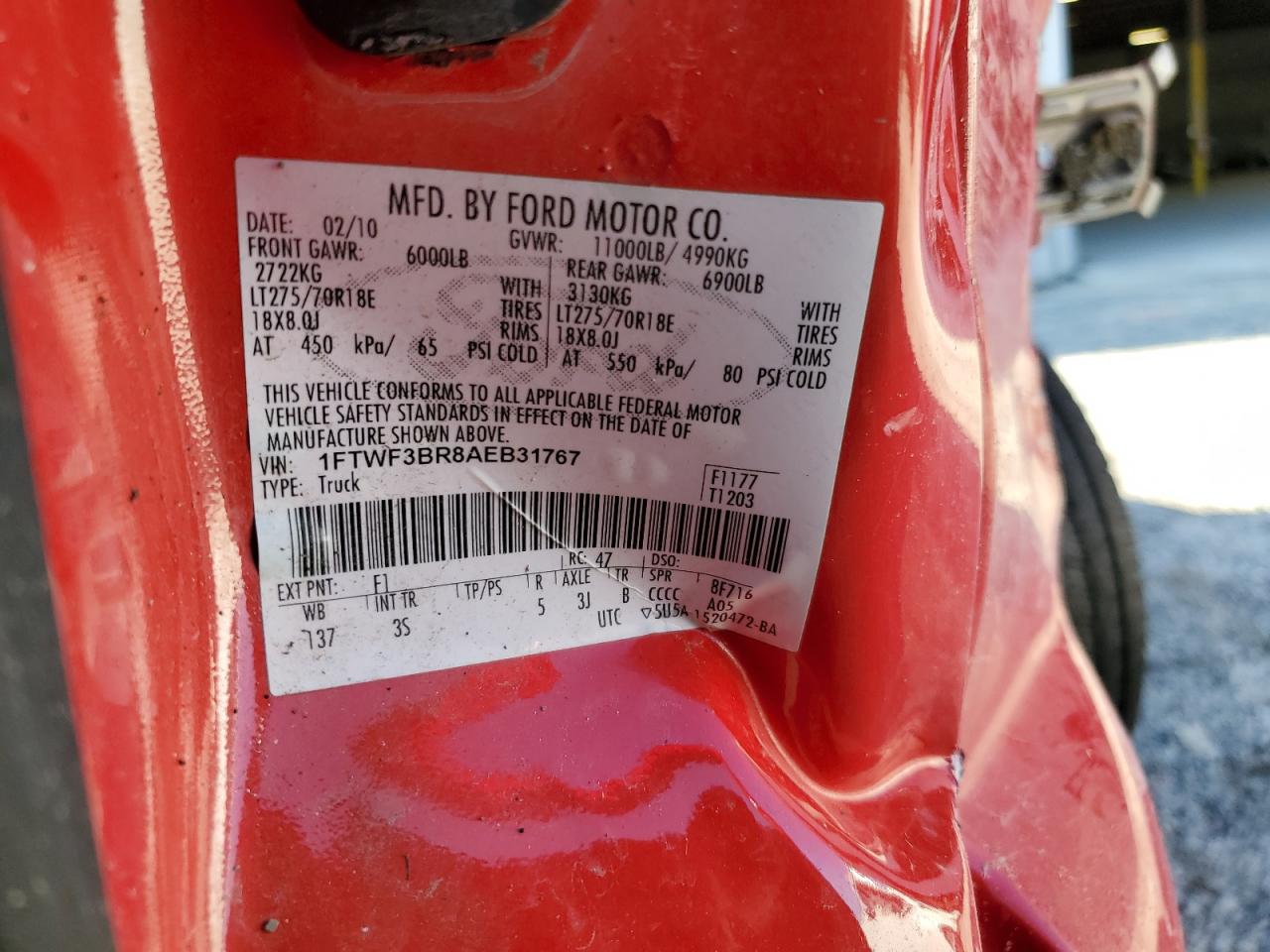 2010 Ford F350 Super Duty VIN: 1FTWF3BR8AEB31767 Lot: 71723114