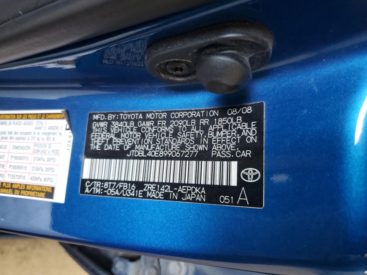 JTDBL40E899067277 2009 Toyota Corolla Base