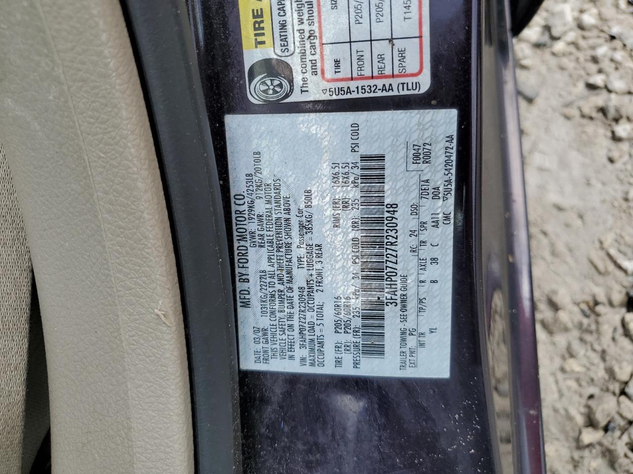 3FAHP07Z27R230948 2007 Ford Fusion Se