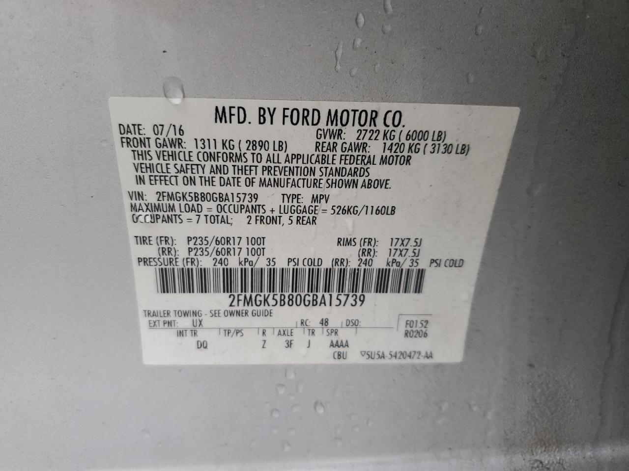 2FMGK5B80GBA15739 2016 Ford Flex Se