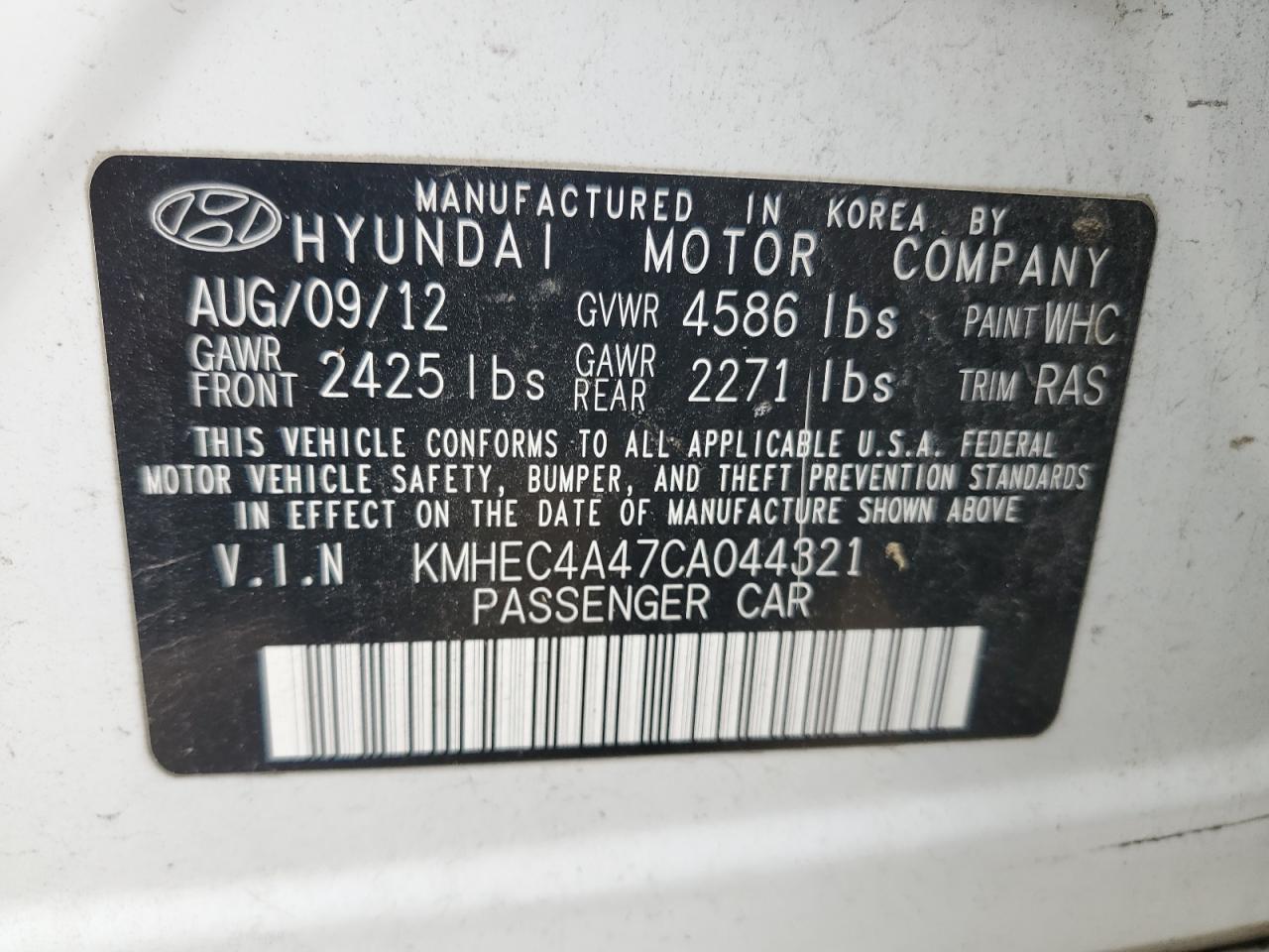 2012 Hyundai Sonata Hybrid VIN: KMHEC4A47CA044321 Lot: 69948874