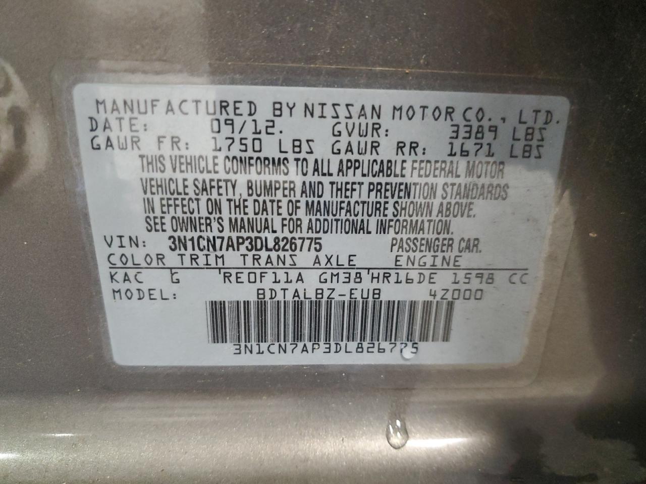 3N1CN7AP3DL826775 2013 Nissan Versa S