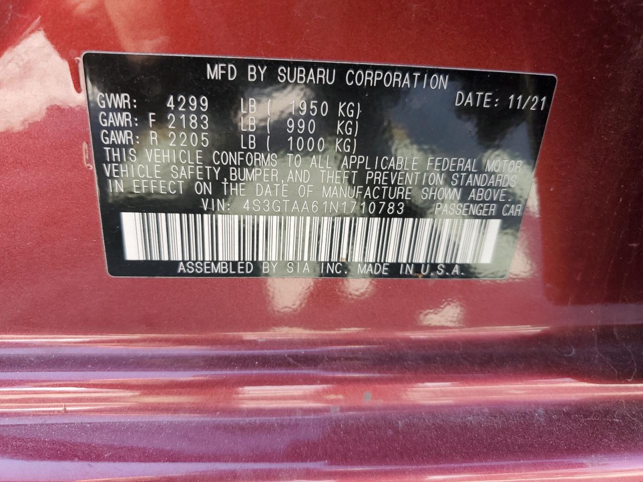 4S3GTAA61N1710783 2022 Subaru Impreza