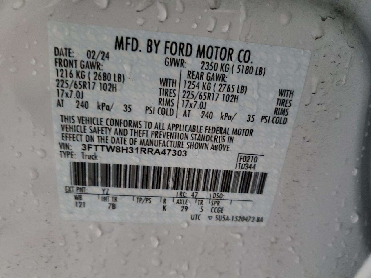 3FTTW8H31RRA47303 2024 Ford Maverick Xlt