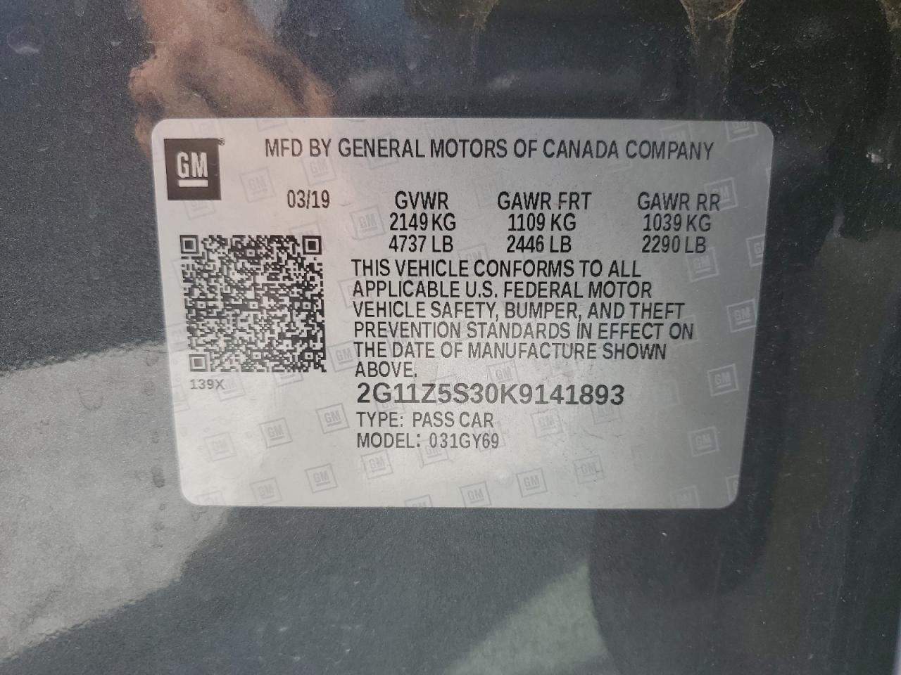 2G11Z5S30K9141893 2019 Chevrolet Impala Lt