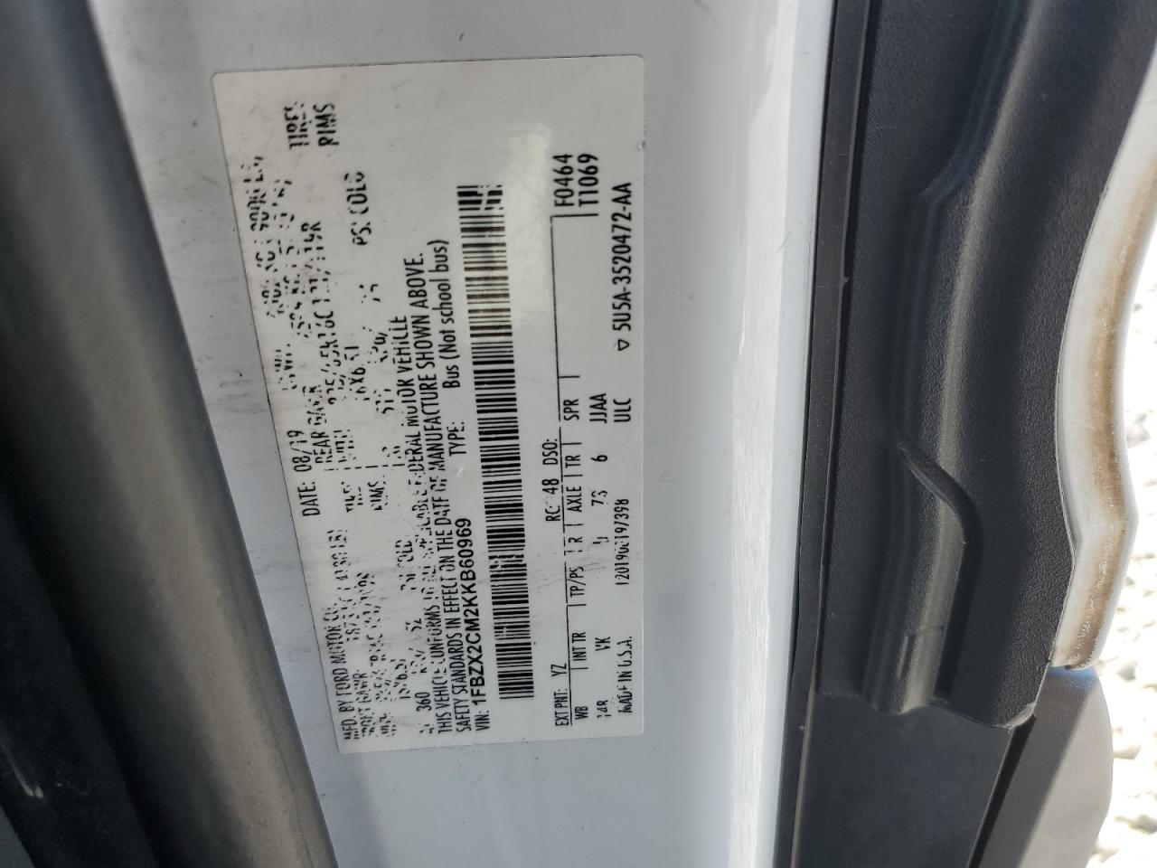 1FBZX2CM2KKB60969 2019 Ford Transit T-350