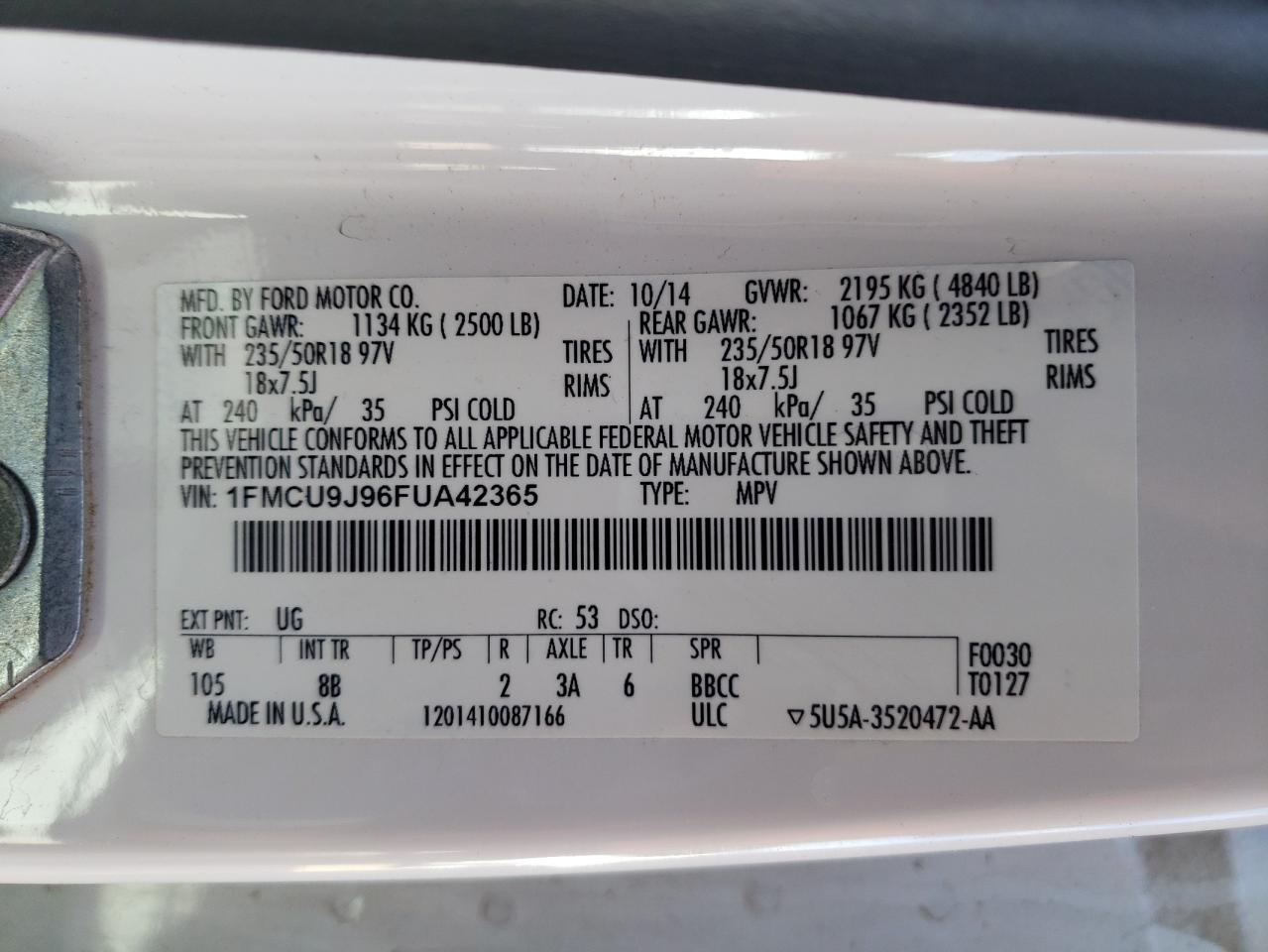 1FMCU9J96FUA42365 2015 Ford Escape Titanium