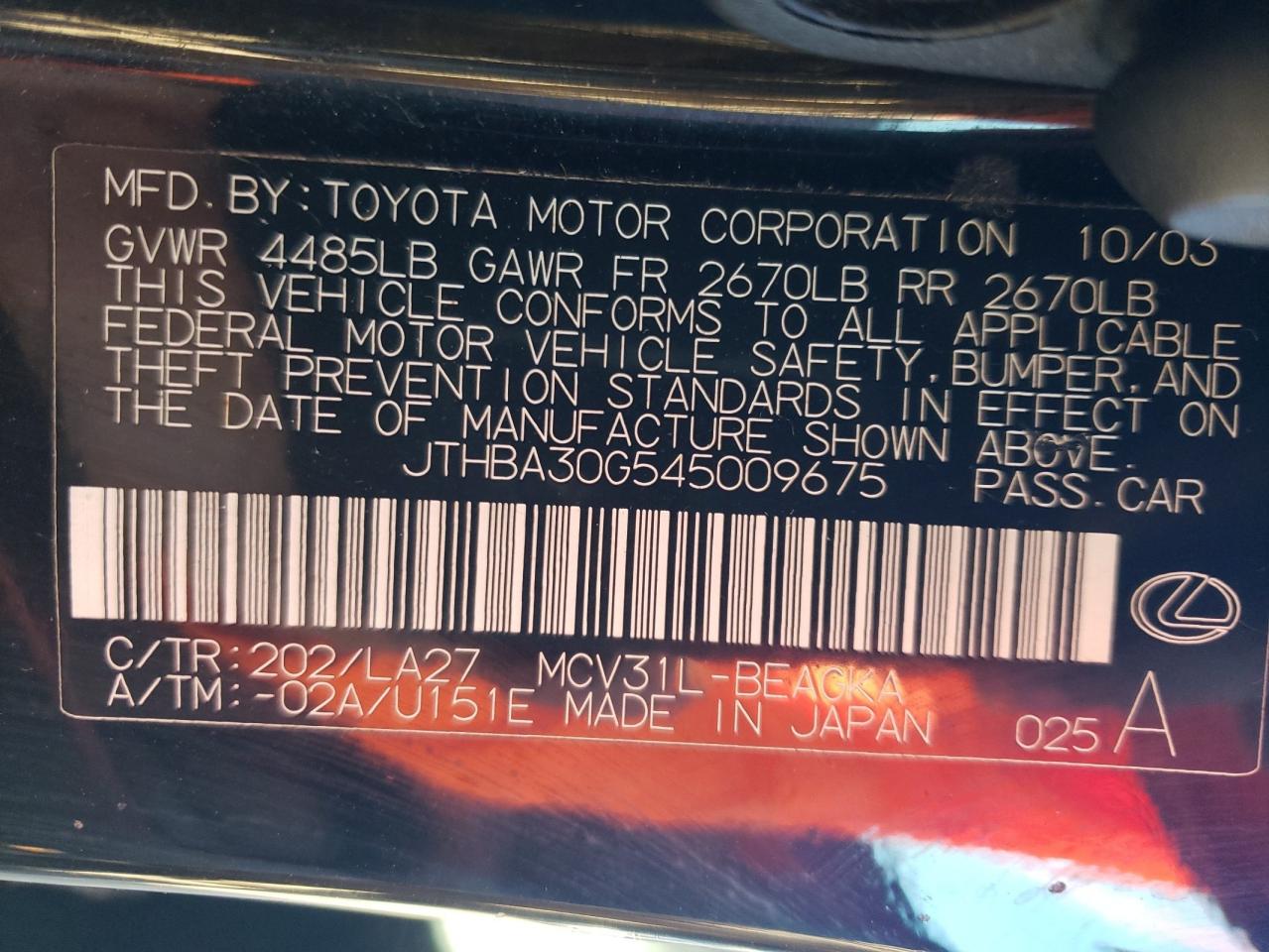 JTHBA30G545009675 2004 Lexus Es 330