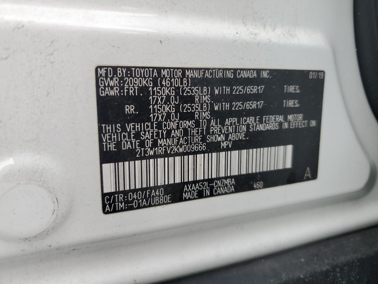 2T3W1RFV2KW009666 2019 Toyota Rav4 Xle