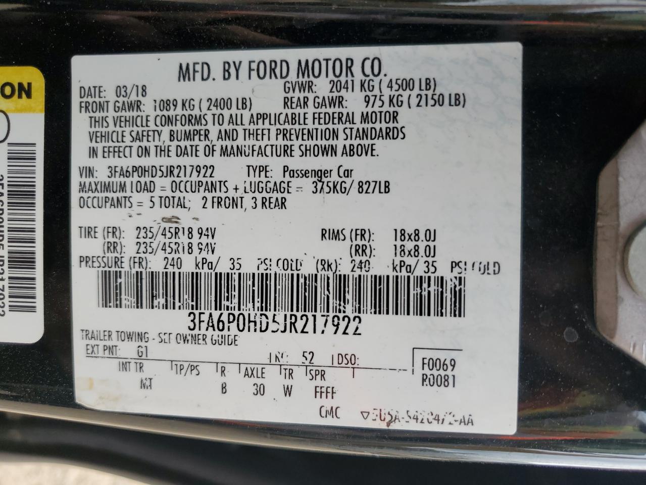 3FA6P0HD5JR217922 2018 Ford Fusion Se