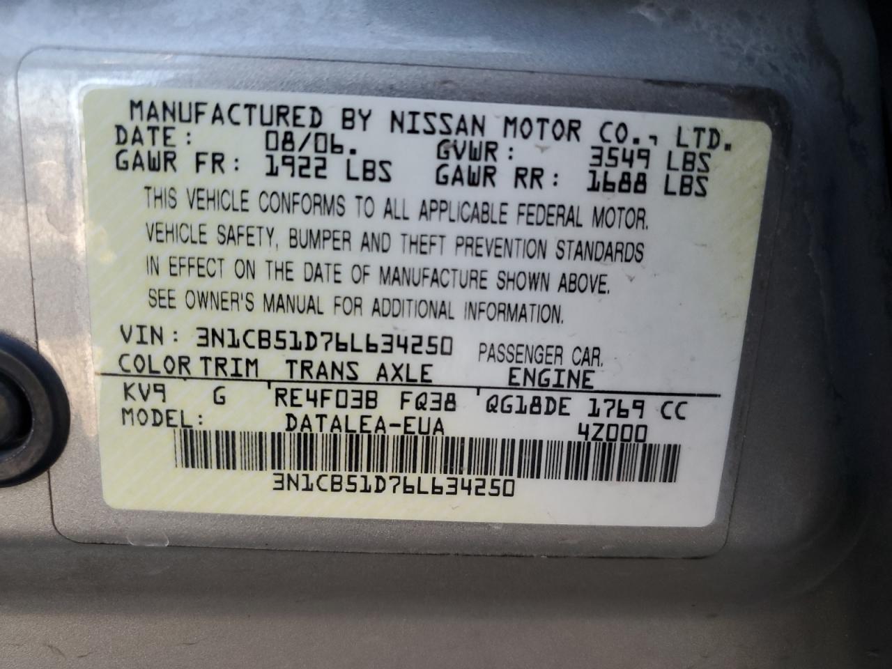 3N1CB51D76L634250 2006 Nissan Sentra 1.8