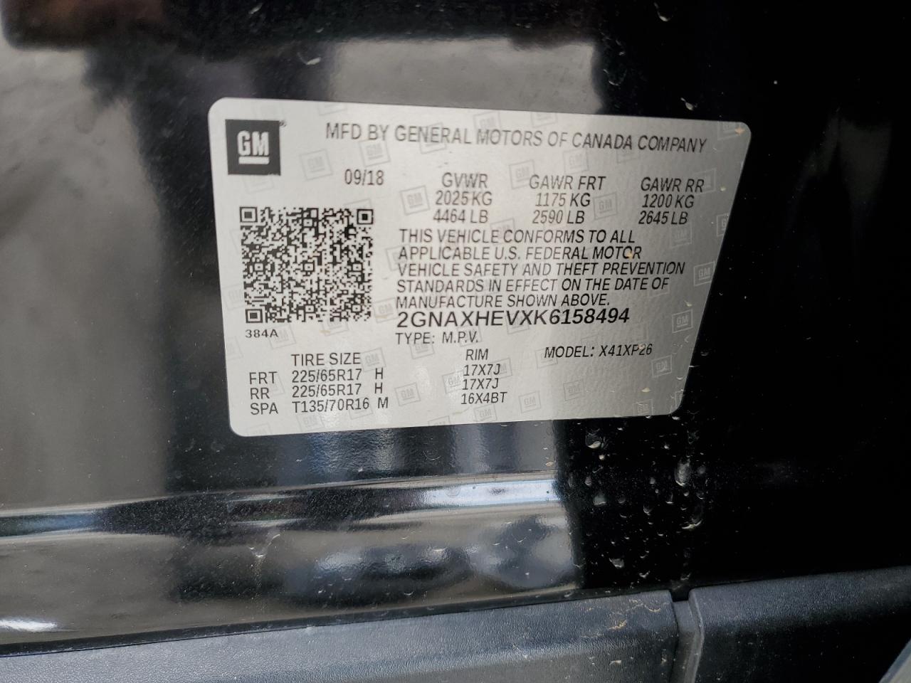 2019 Chevrolet Equinox Ls VIN: 2GNAXHEVXK6158494 Lot: 72598874