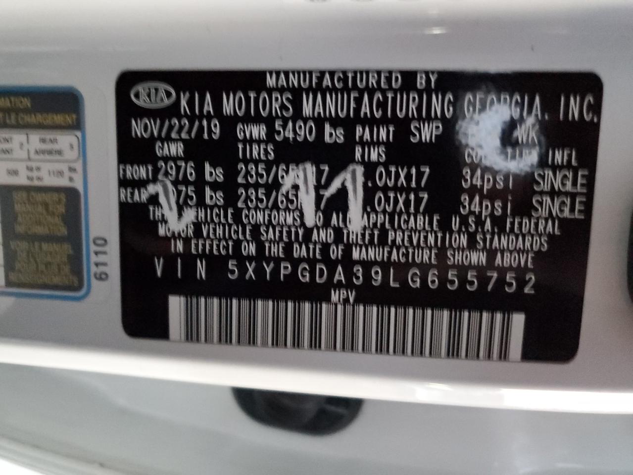 5XYPGDA39LG655752 2020 Kia Sorento L