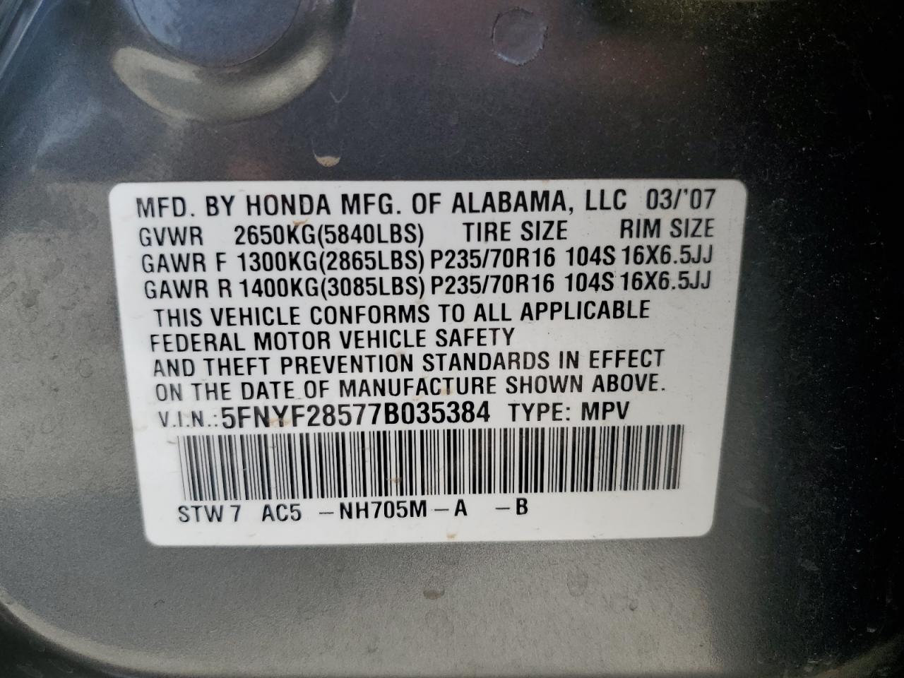 5FNYF28577B035384 2007 Honda Pilot Exl