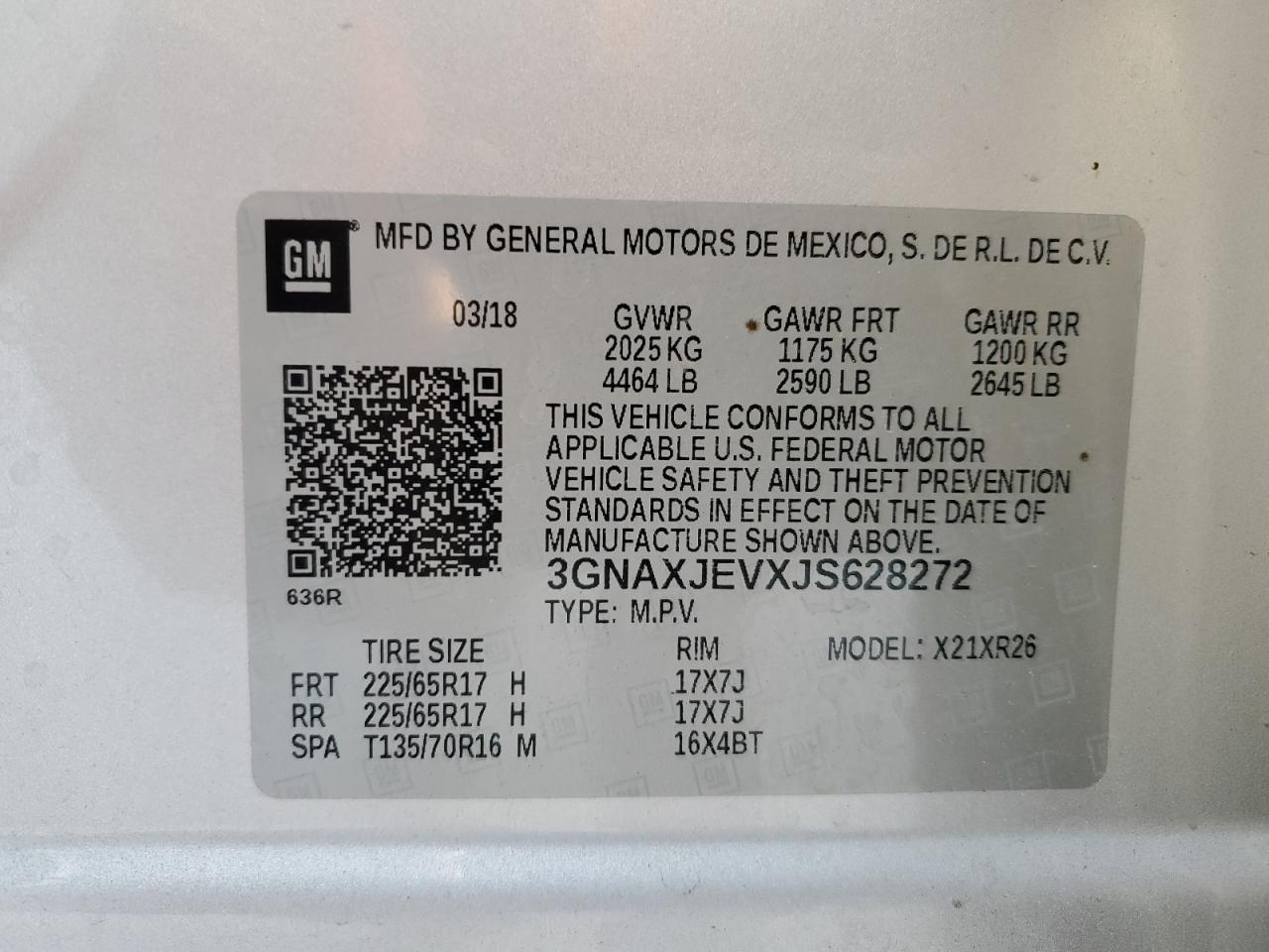 3GNAXJEVXJS628272 2018 Chevrolet Equinox Lt