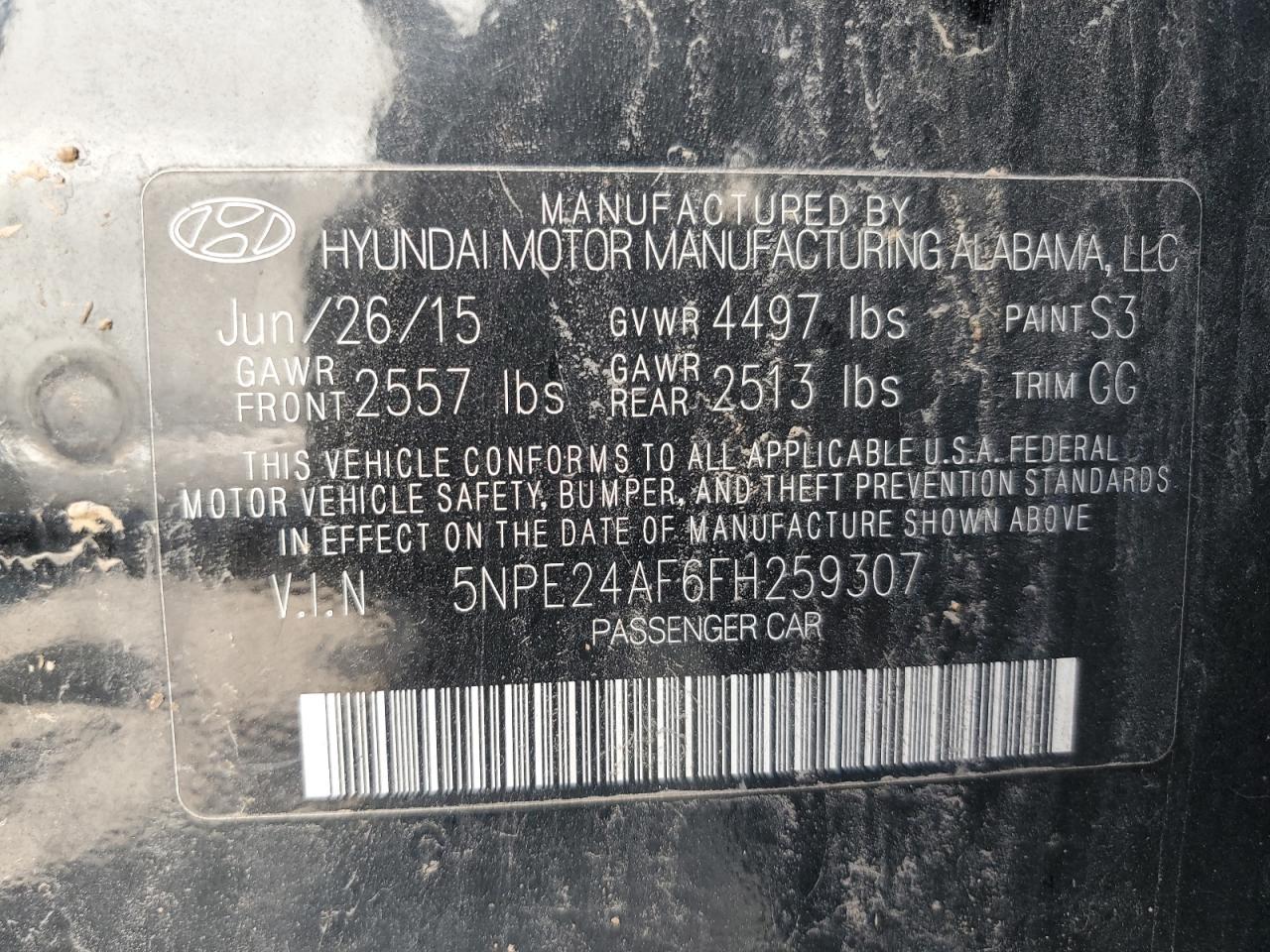 2015 Hyundai Sonata Se VIN: 5NPE24AF6FH259307 Lot: 70194354