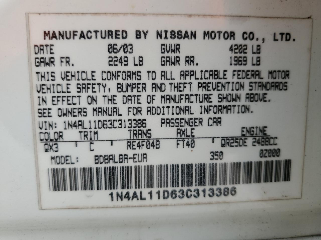 1N4AL11D63C313386 2003 Nissan Altima Base