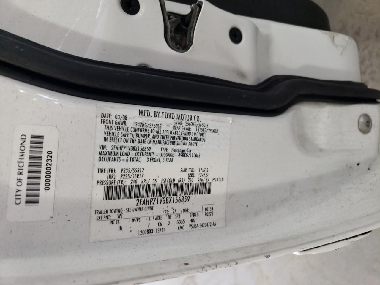 2008 Ford Crown Victoria Police Interceptor VIN: 2FAHP71V38X156859 Lot: 83986455