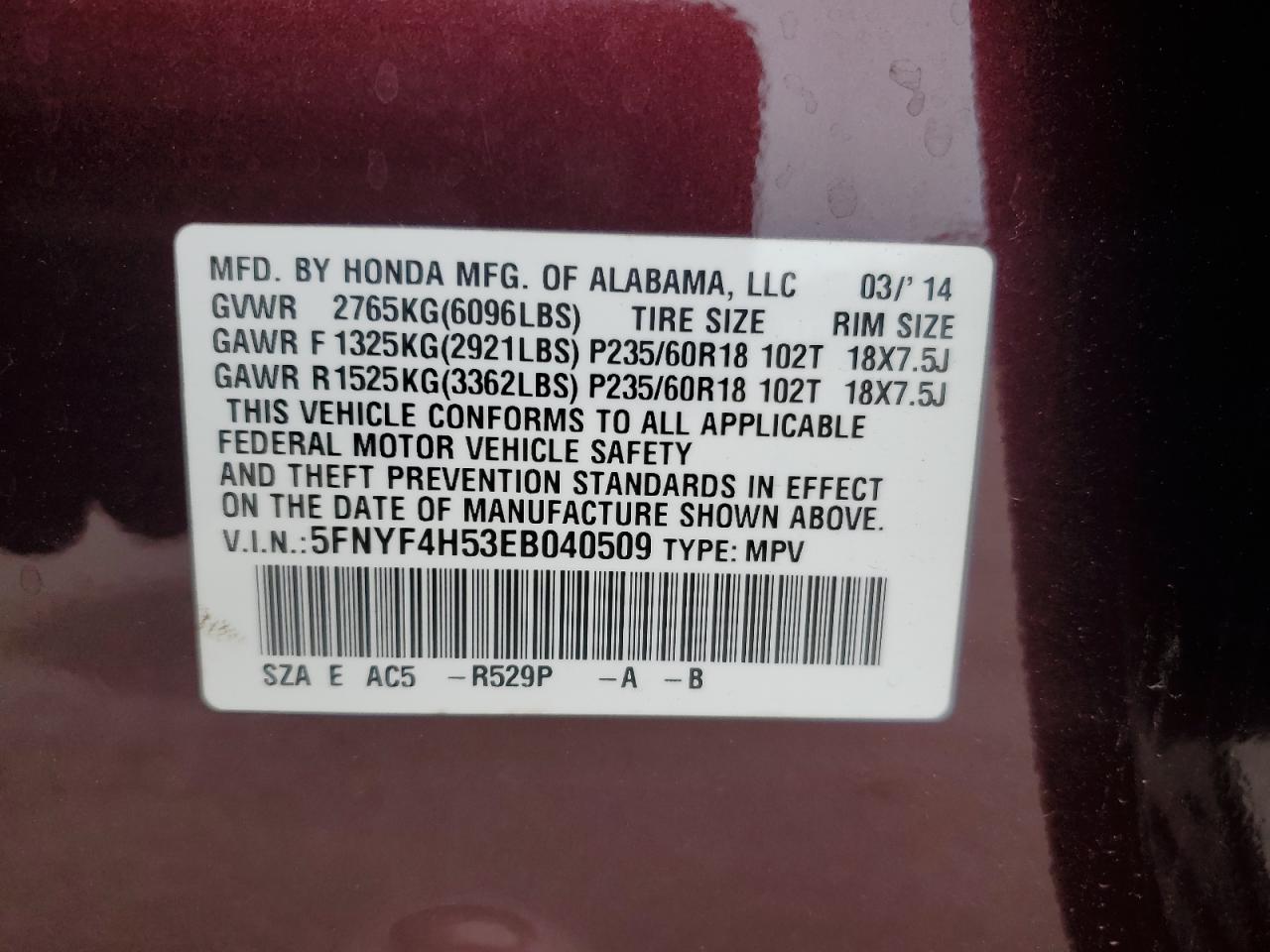 5FNYF4H53EB040509 2014 Honda Pilot Exl