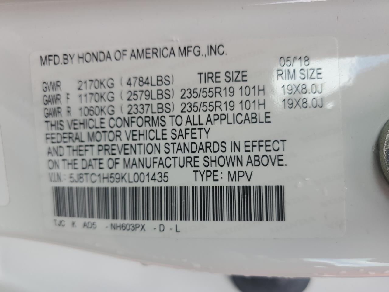 5J8TC1H59KL001435 2019 Acura Rdx Technology