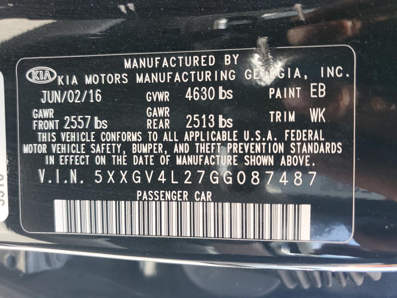 5XXGV4L27GG087487 2016 Kia Optima Sxl