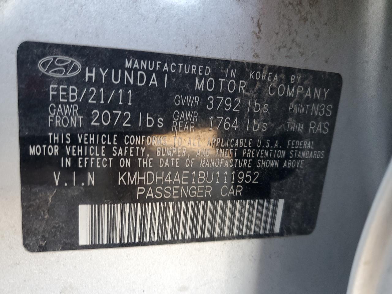 2011 Hyundai Elantra Gls VIN: KMHDH4AE1BU111952 Lot: 73089364