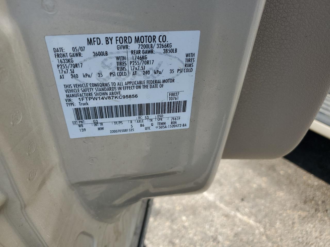 2007 Ford F150 Supercrew VIN: 1FTPW14V87KC95856 Lot: 71084374