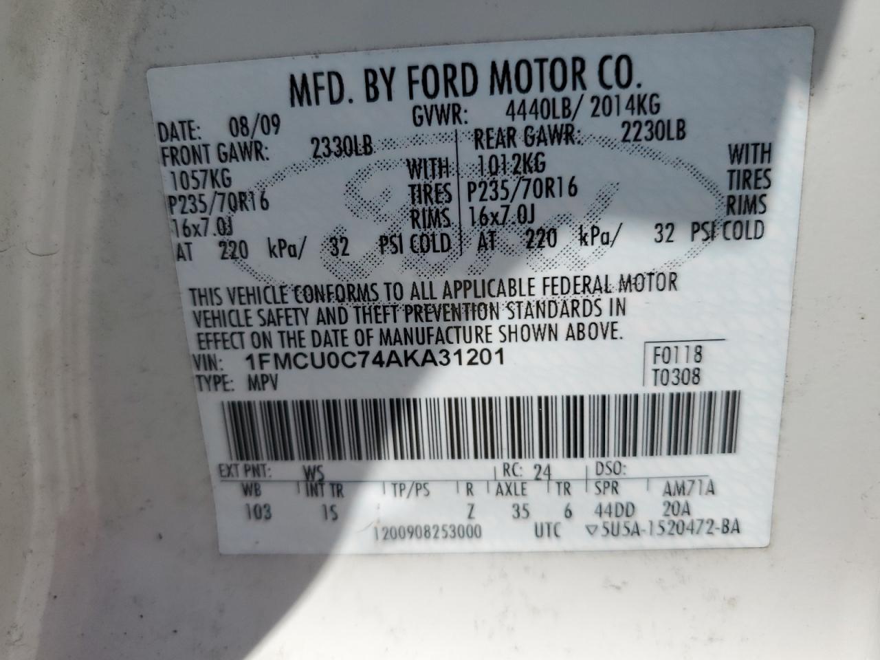 1FMCU0C74AKA31201 2010 Ford Escape Xls