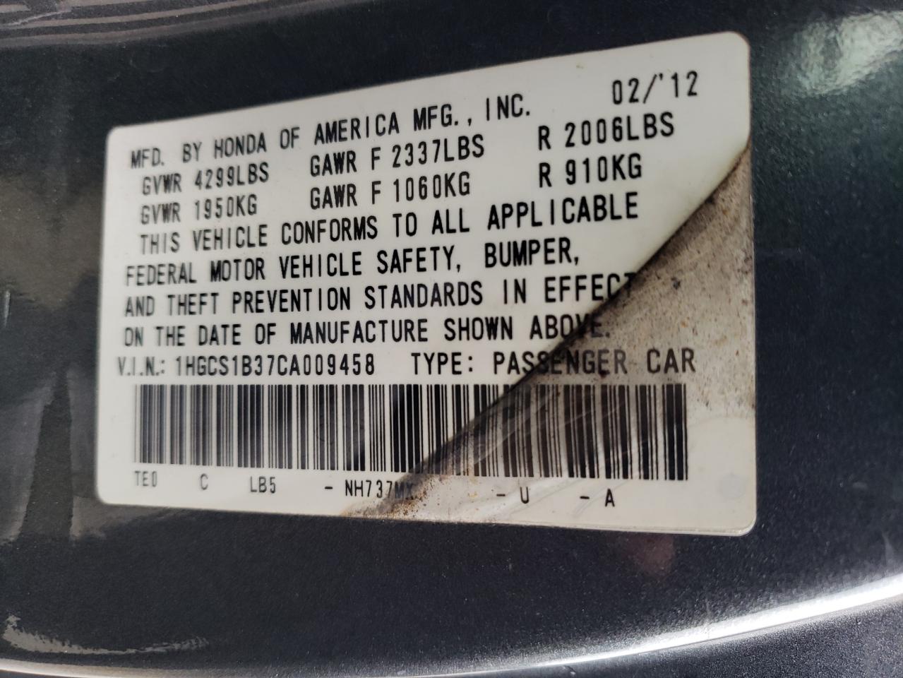 1HGCS1B37CA009458 2012 Honda Accord Lx