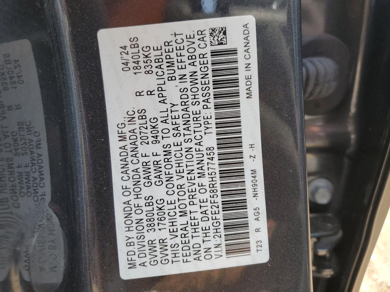 2HGFE2F58RH577458 2024 Honda Civic Sport 2HGFE2F58RH577458 2024 Honda Civic Sport