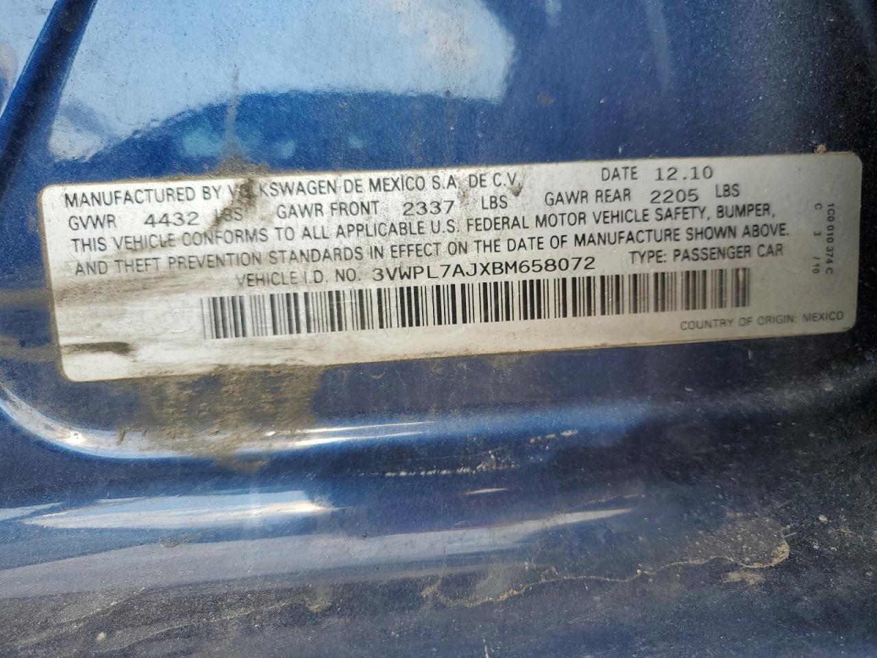 2011 Volkswagen Jetta Tdi VIN: 3VWPL7AJXBM658072 Lot: 73018514