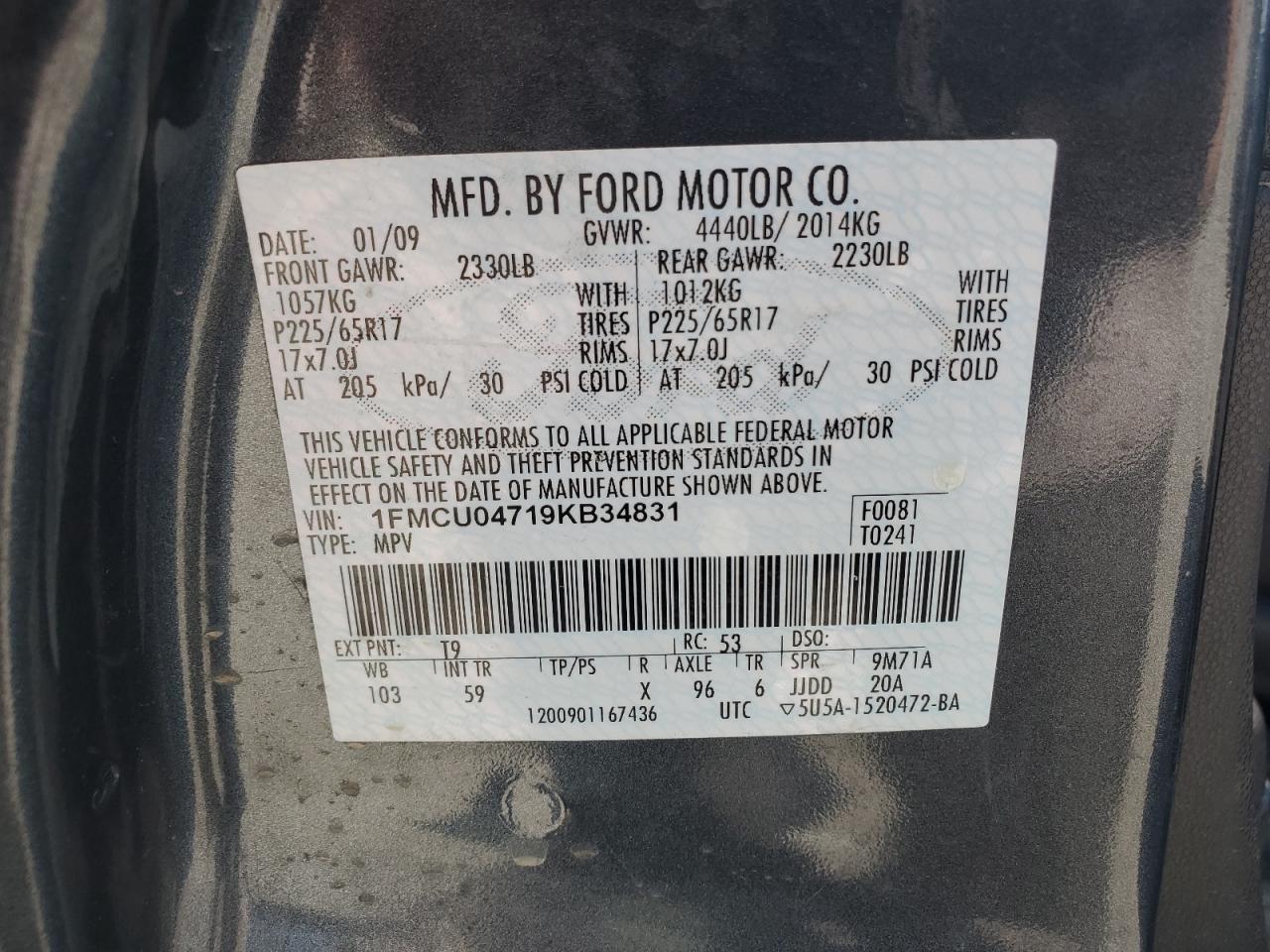 2009 Ford Escape Limited VIN: 1FMCU04719KB34831 Lot: 72035854