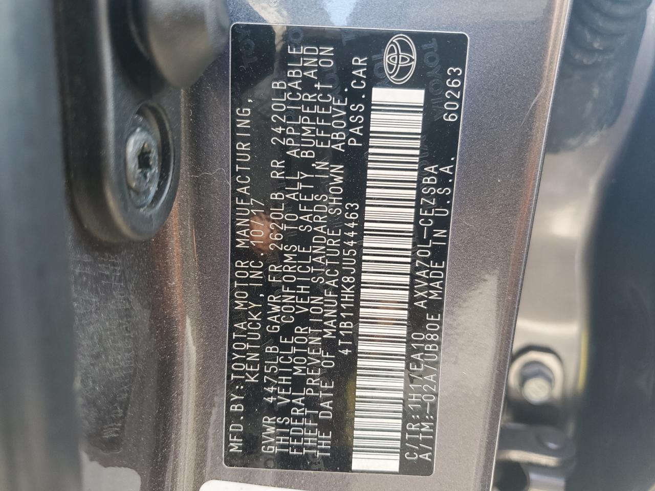 4T1B11HK8JU544463 2018 Toyota Camry L