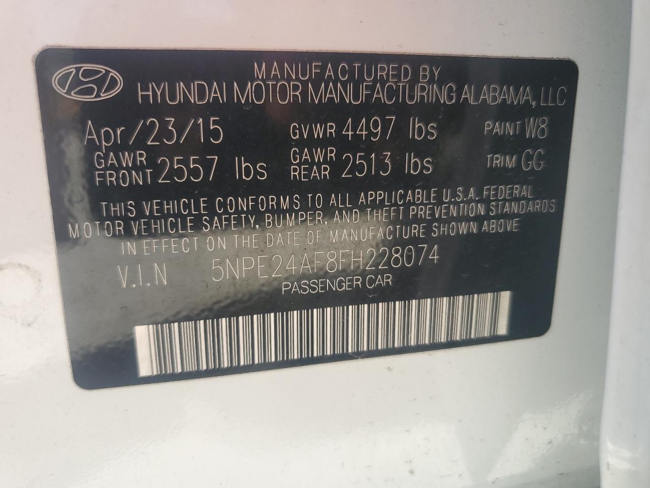 2015 Hyundai Sonata Se VIN: 5NPE24AF8FH228074 Lot: 72729644