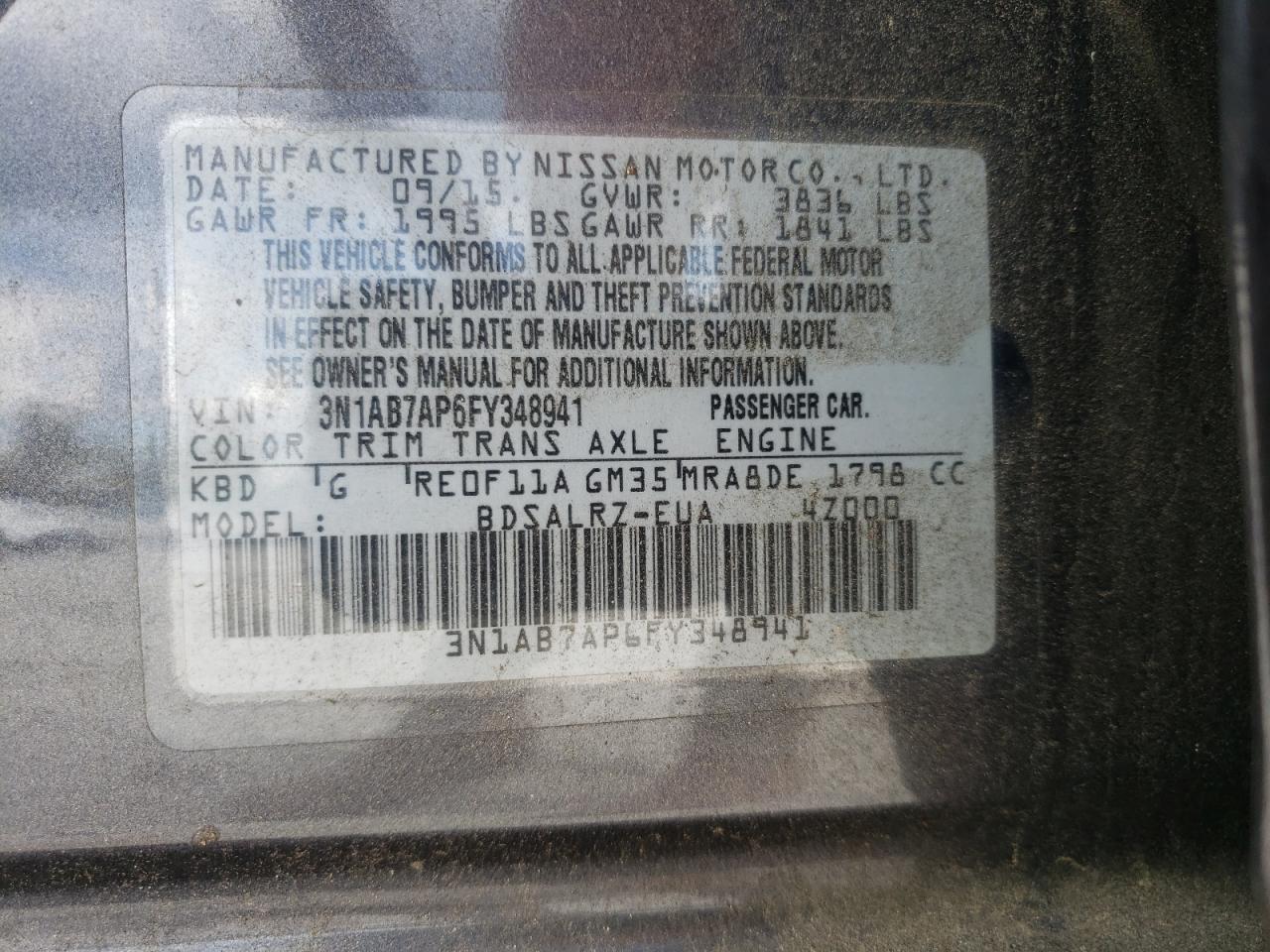 3N1AB7AP6FY348941 2015 Nissan Sentra S