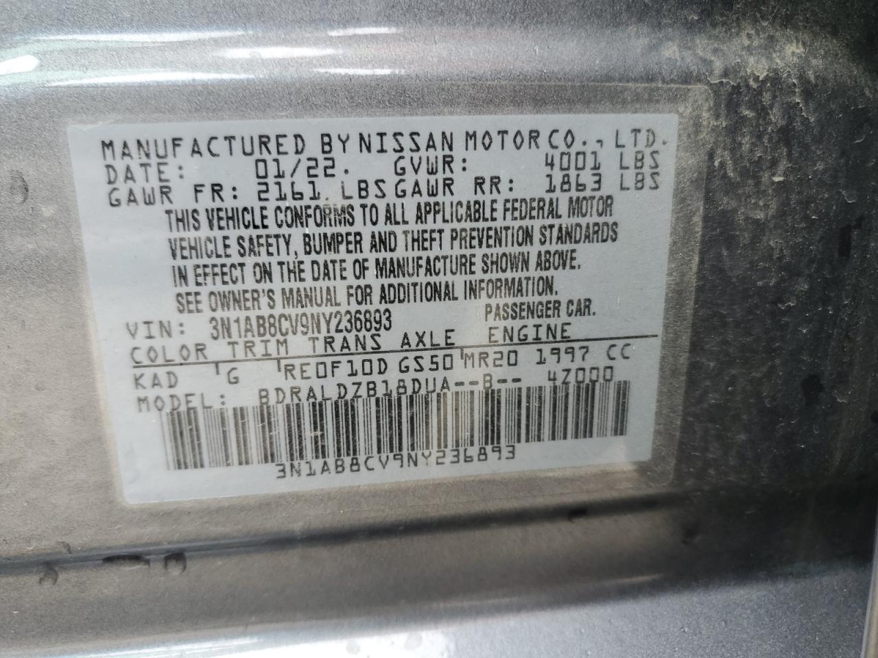 3N1AB8CV9NY236893 2022 Nissan Sentra Sv