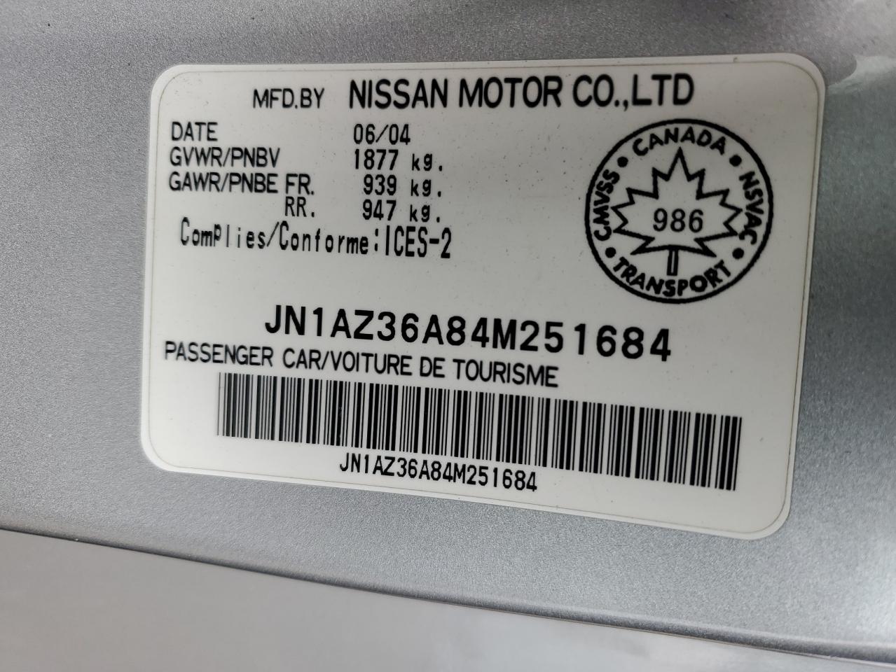 JN1AZ36A84M251684 2004 Nissan 350Z Roadster