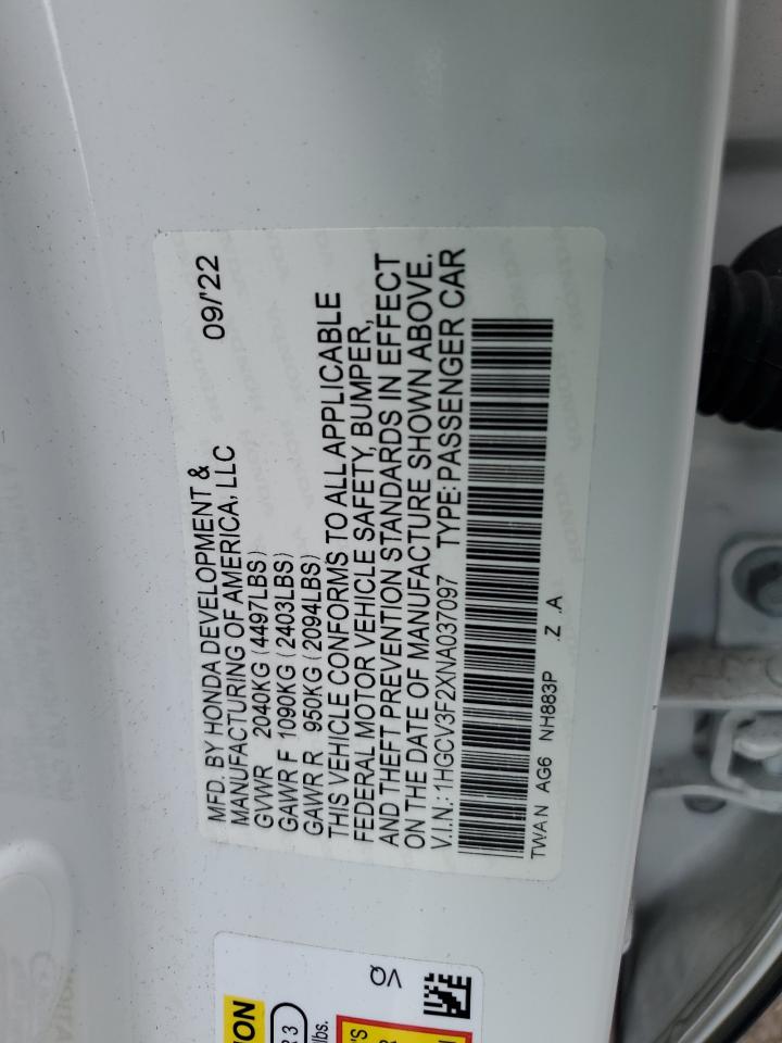 1HGCV3F2XNA037097 2022 Honda Accord Hybrid Sport