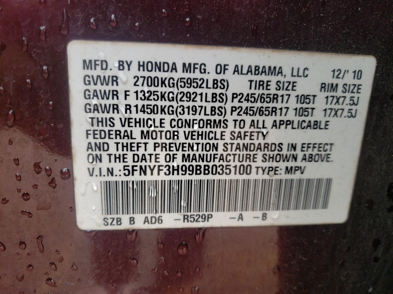 5FNYF3H99BB035100 2011 Honda Pilot Touring