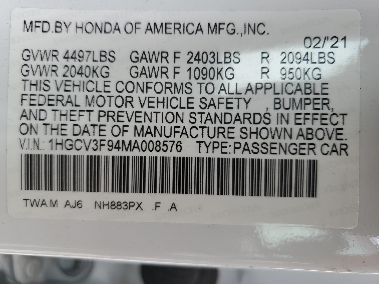 1HGCV3F94MA008576 2021 Honda Accord Touring Hybrid