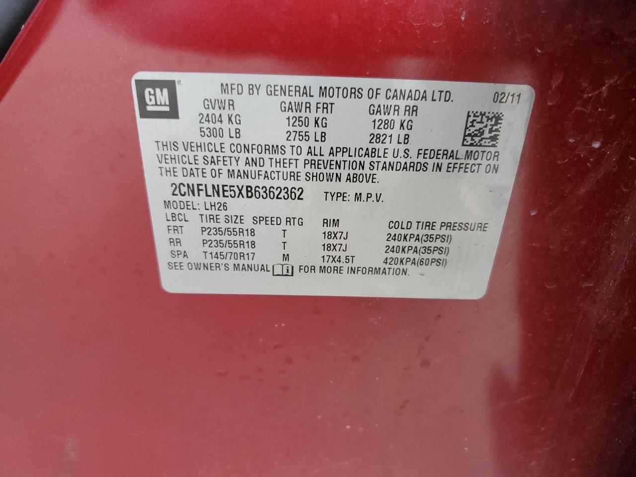 2CNFLNE5XB6362362 2011 Chevrolet Equinox Lt