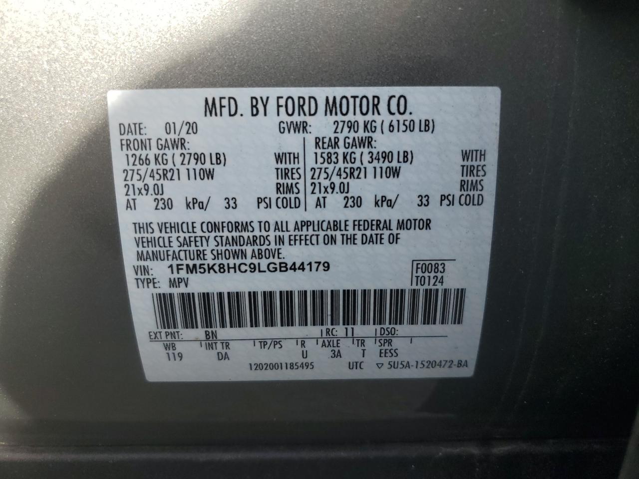 2020 Ford Explorer Platinum VIN: 1FM5K8HC9LGB44179 Lot: 71711084