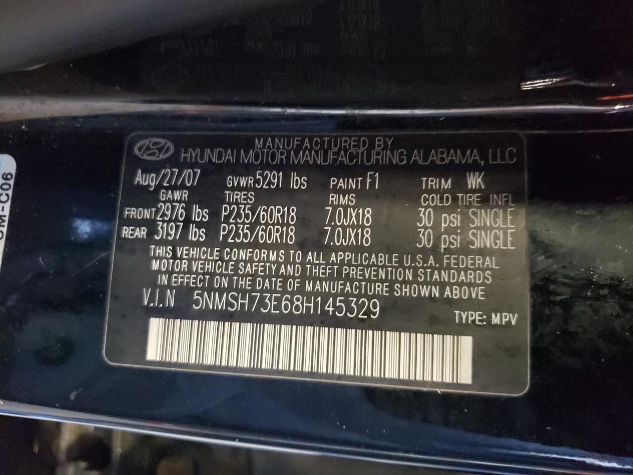 5NMSH73E68H145329 2008 Hyundai Santa Fe Se