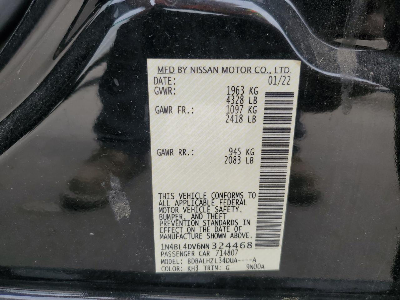 2022 Nissan Altima Sv VIN: 1N4BL4DV6NN324468 Lot: 71945244