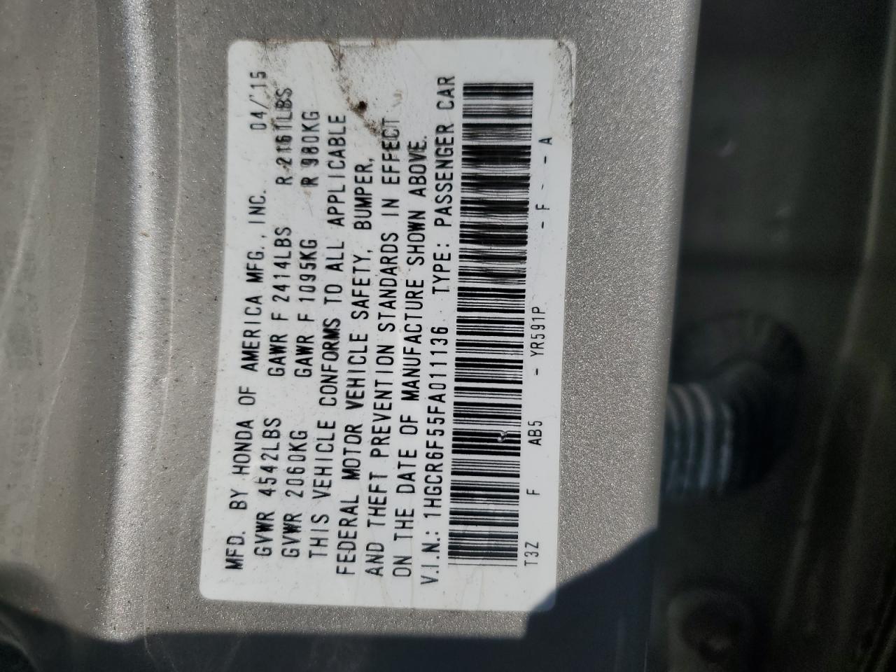 1HGCR6F55FA011136 2015 Honda Accord Hybrid Exl