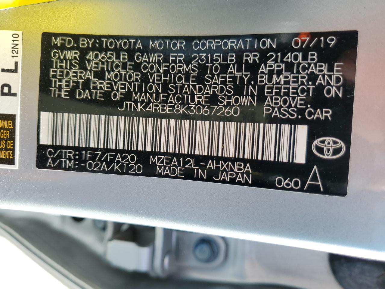 JTNK4RBE8K3067260 2019 Toyota Corolla Se