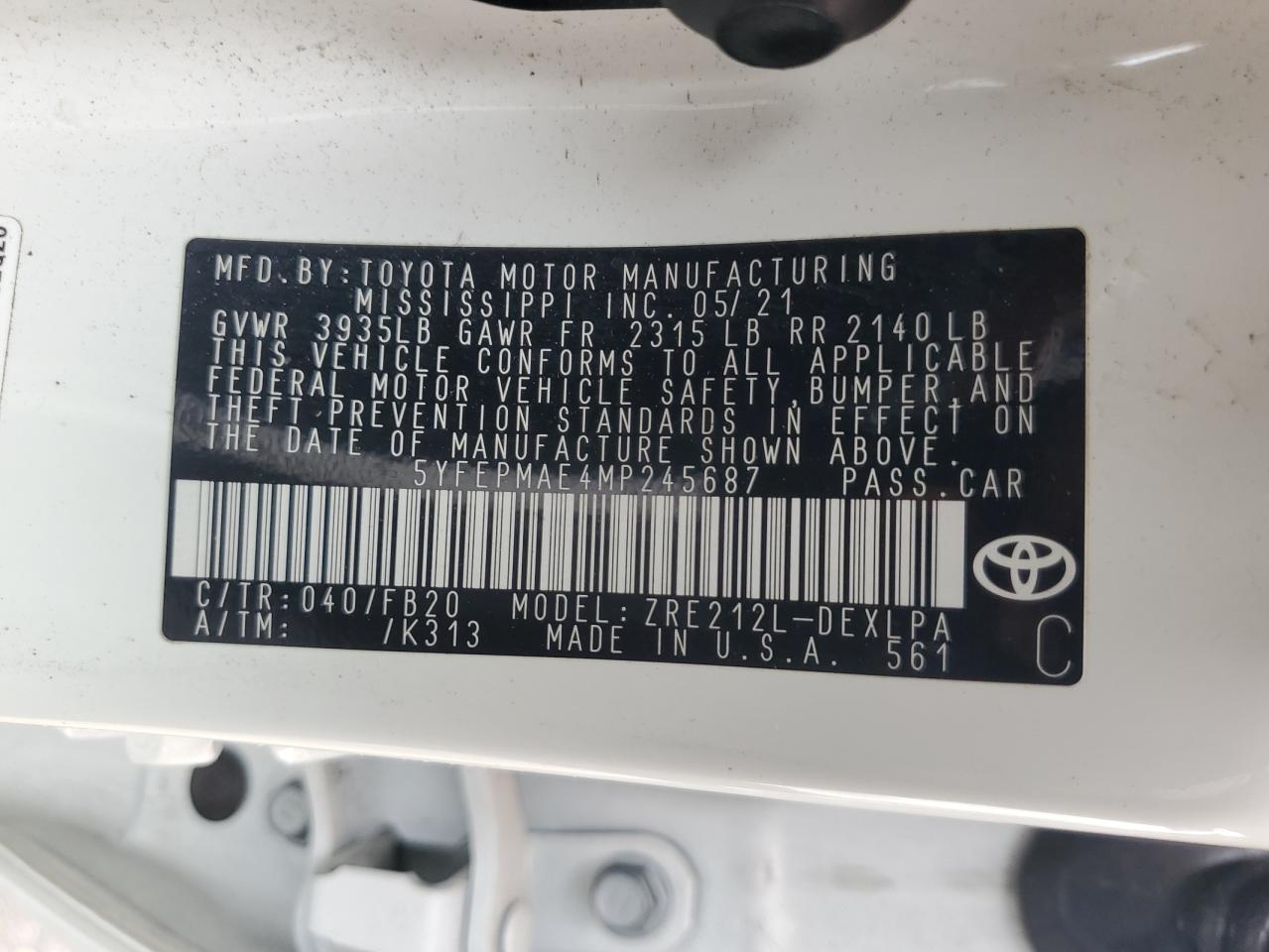 5YFEPMAE4MP245687 2021 Toyota Corolla Le