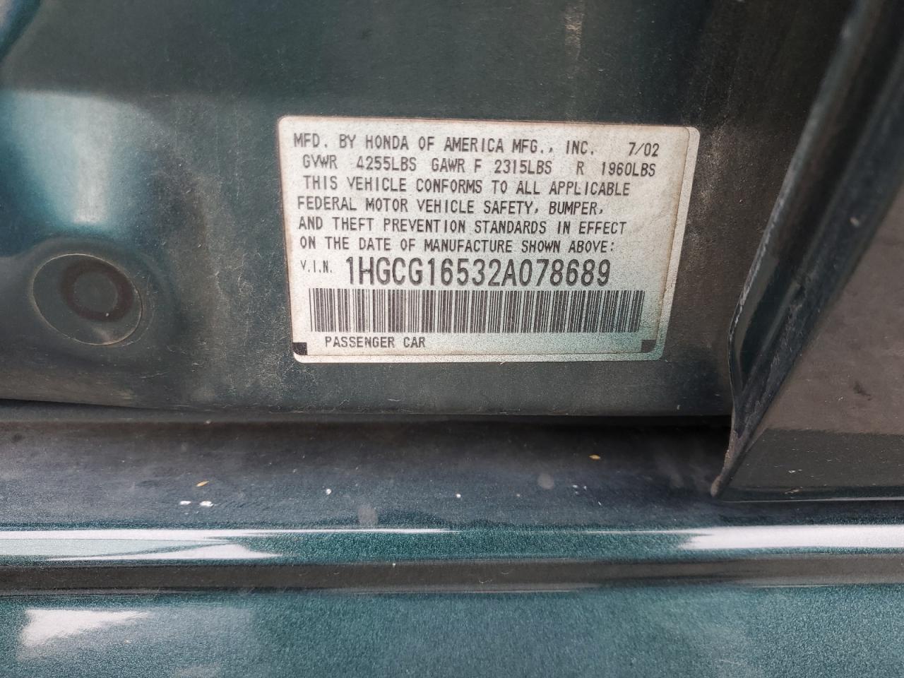 1HGCG16532A078689 2002 Honda Accord Ex