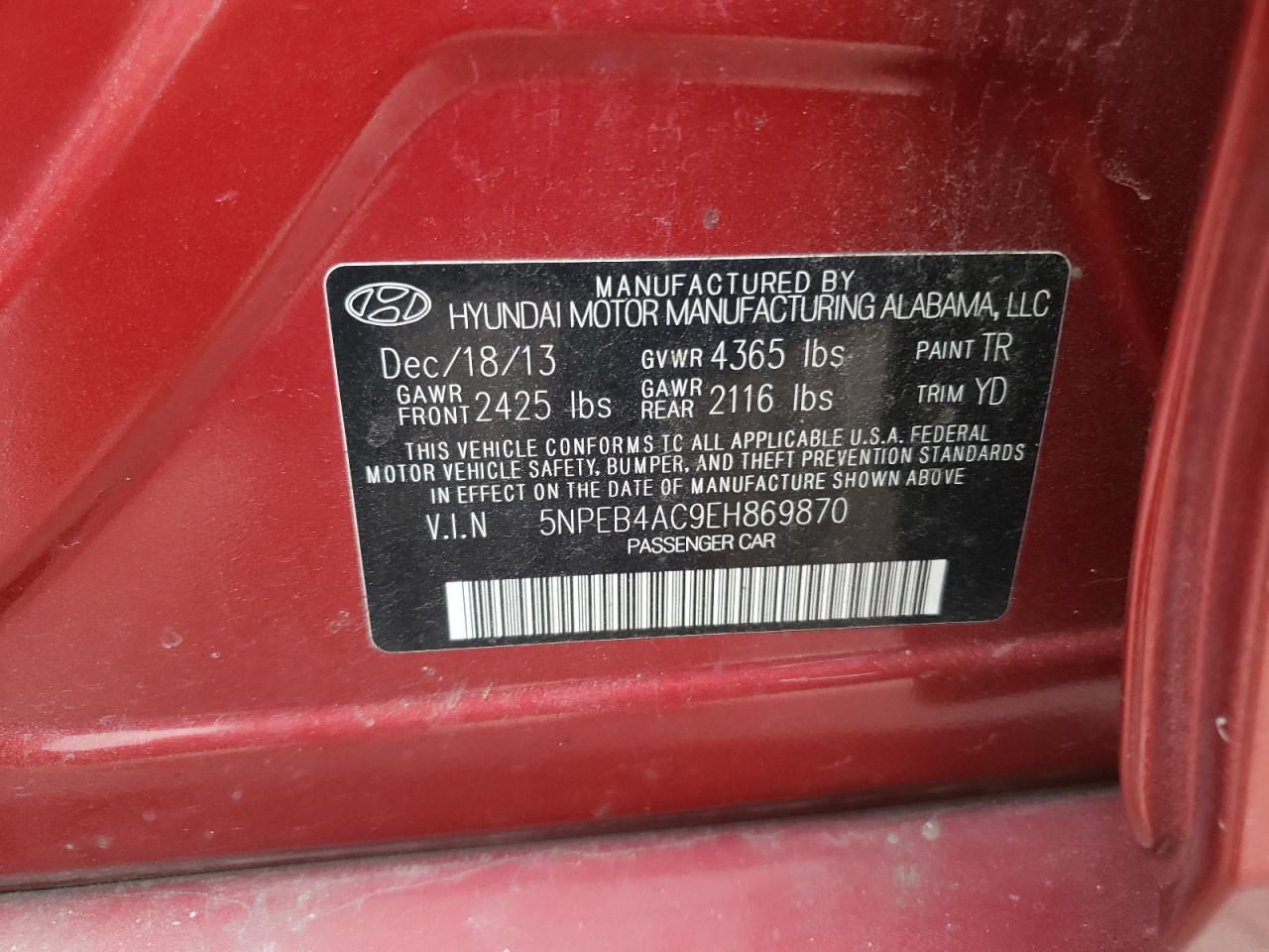 5NPEB4AC9EH869870 2014 Hyundai Sonata Gls